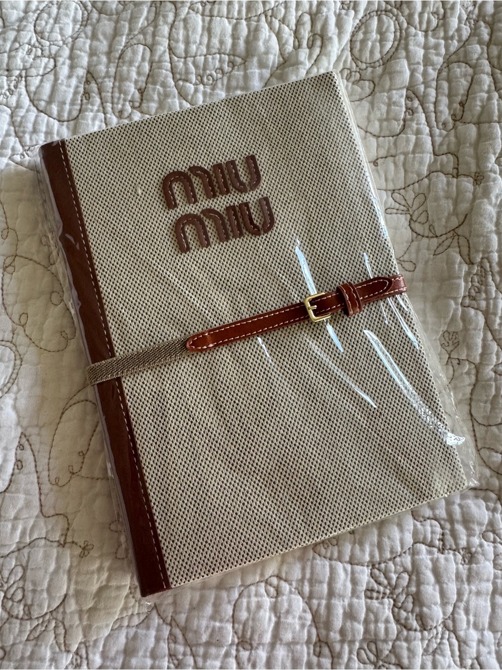 Miu Miu Beige Canvas Notebook Cover with Brown Leather Trim